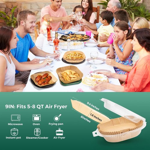 Air Fryer Paper Liners - 50 PCS Disposable Non-Stick Baking Liners | 8" Square for 5-8 QT Air Fryers