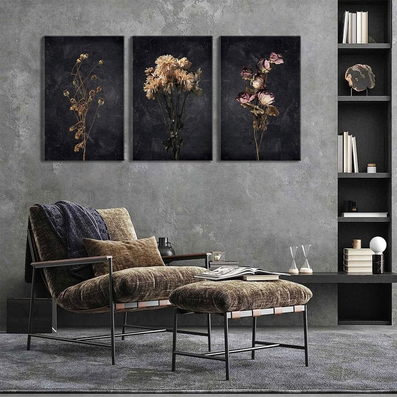 3Pcs Dark Floral Canvas wall art Moody Dried Wildflower Posters Pictures Wall Decor Nature Wilderness Botanical Paintings Abstract Prints for Living Room Bedroom Office Modern Farmhouse Home Artwork