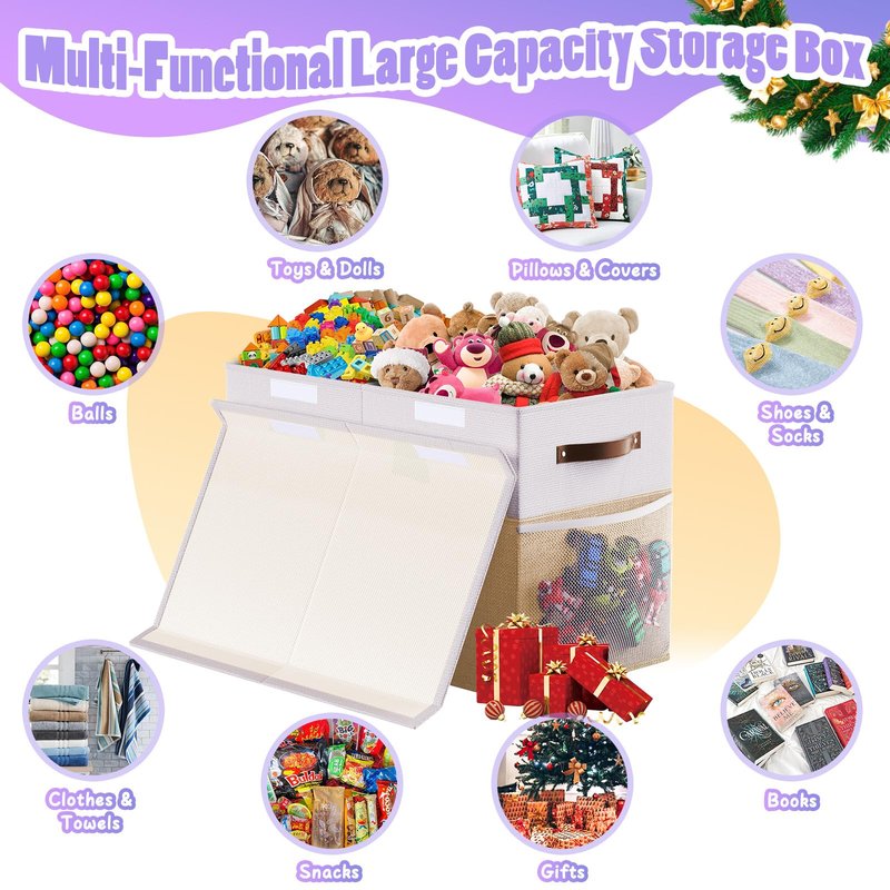 Large Toy Storage Box with Lid Divider, Sturdy Collapsible Toys Organizer Chest Kids Storage Bins Boxes Baskets for Boys, Girls, Nursery, Bedroom, Living Room, Playroom, 25"x13"x16", Beige and White