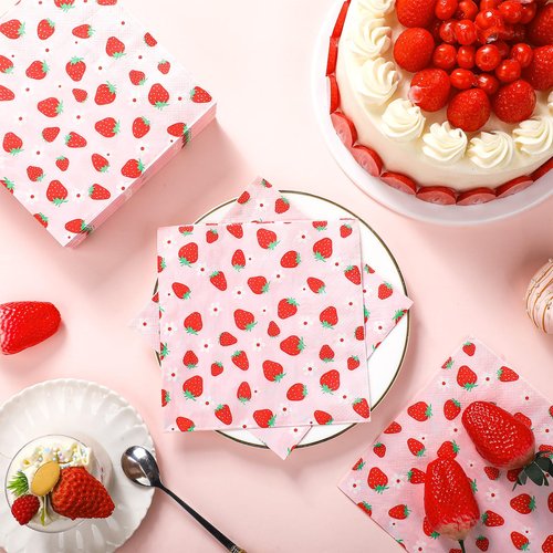 Janlaugh 100 Pcs Strawberry Paper Napkins Set Disposable Summer Fruit Paper Napkins Pink for Berry Sweet Strawberry Decoration Catering Event Birthday Summer Party Supplies (6.5 x 6.5 Inches)