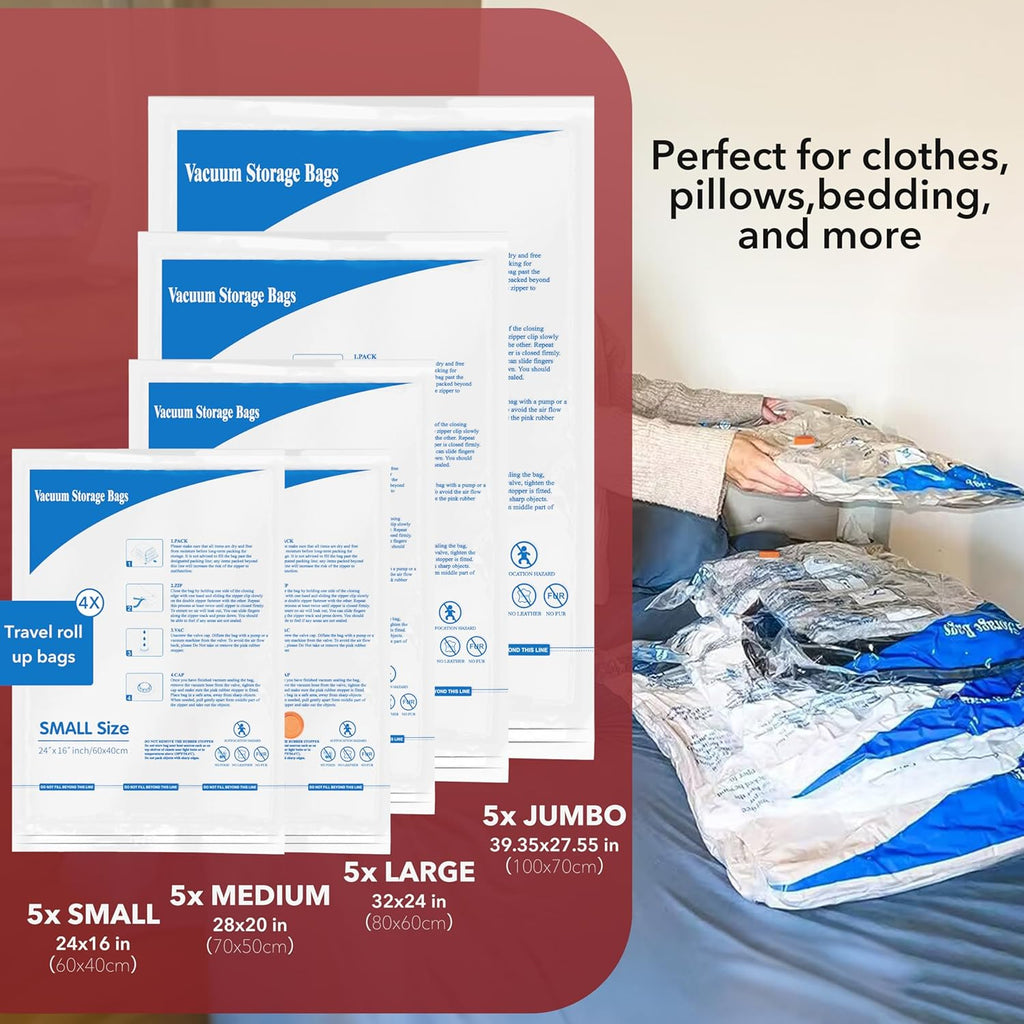 Skiennix Vacuum Seal Bags - Space-Saving Storage for Clothes, Blankets & Pillows | 24-Pack with Electric Pump