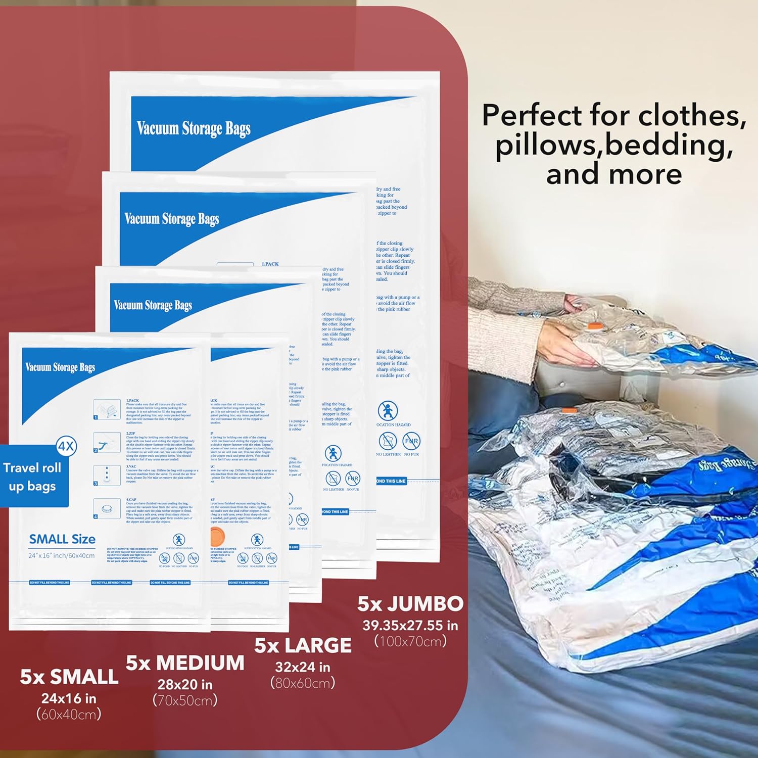 Skiennix Vacuum Seal Bags - Space-Saving Storage for Clothes, Blankets & Pillows | 24-Pack with Electric Pump