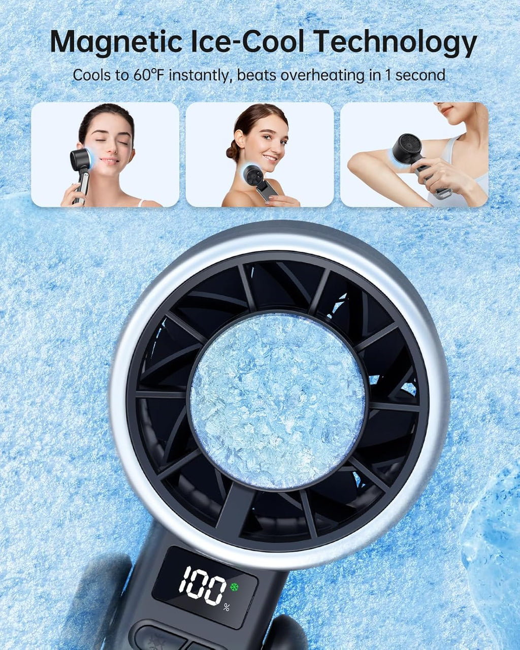 TriPole Portable Handheld Turbo Fan - 5-Speed Rechargeable Mini Fan with Ice Cooling | Foldable Neck & Desk Fan for Outdoor Use