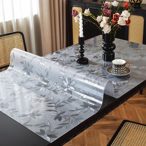 OstepDecor Floral Table Protector 40 x 80 Inch, 1.5mm Thick Plastic Table Cover, Waterproof Dining Tabletop Protector Rectangle Vinyl Tablecloth PVC Desk Pad Mat for Kitchen, Wooden Table