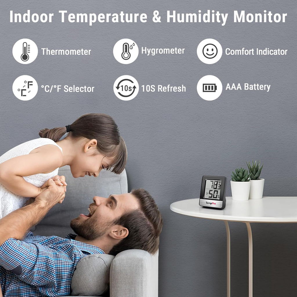 TempPro Digital Hygrometer | 3-Piece Indoor Thermometer & Humidity Meter - Black