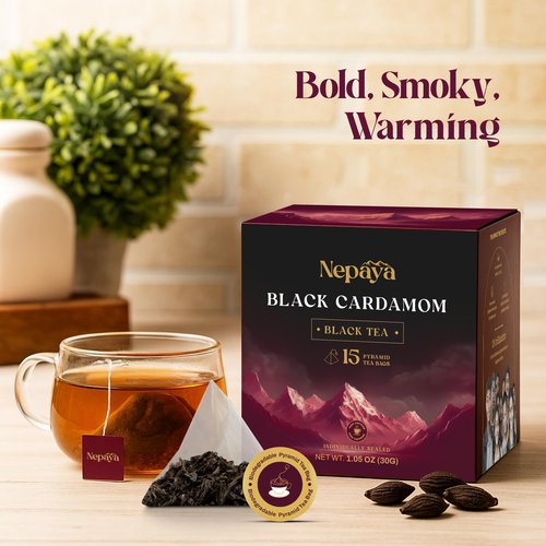 Nepaya Black Cardamom Black Tea Bags – 15 Pyramid Tea Bags, Robust & Smoky, High Caffeine, Biodegradable, Himalayan Whole-Leaf Tea, Coffee Replacement