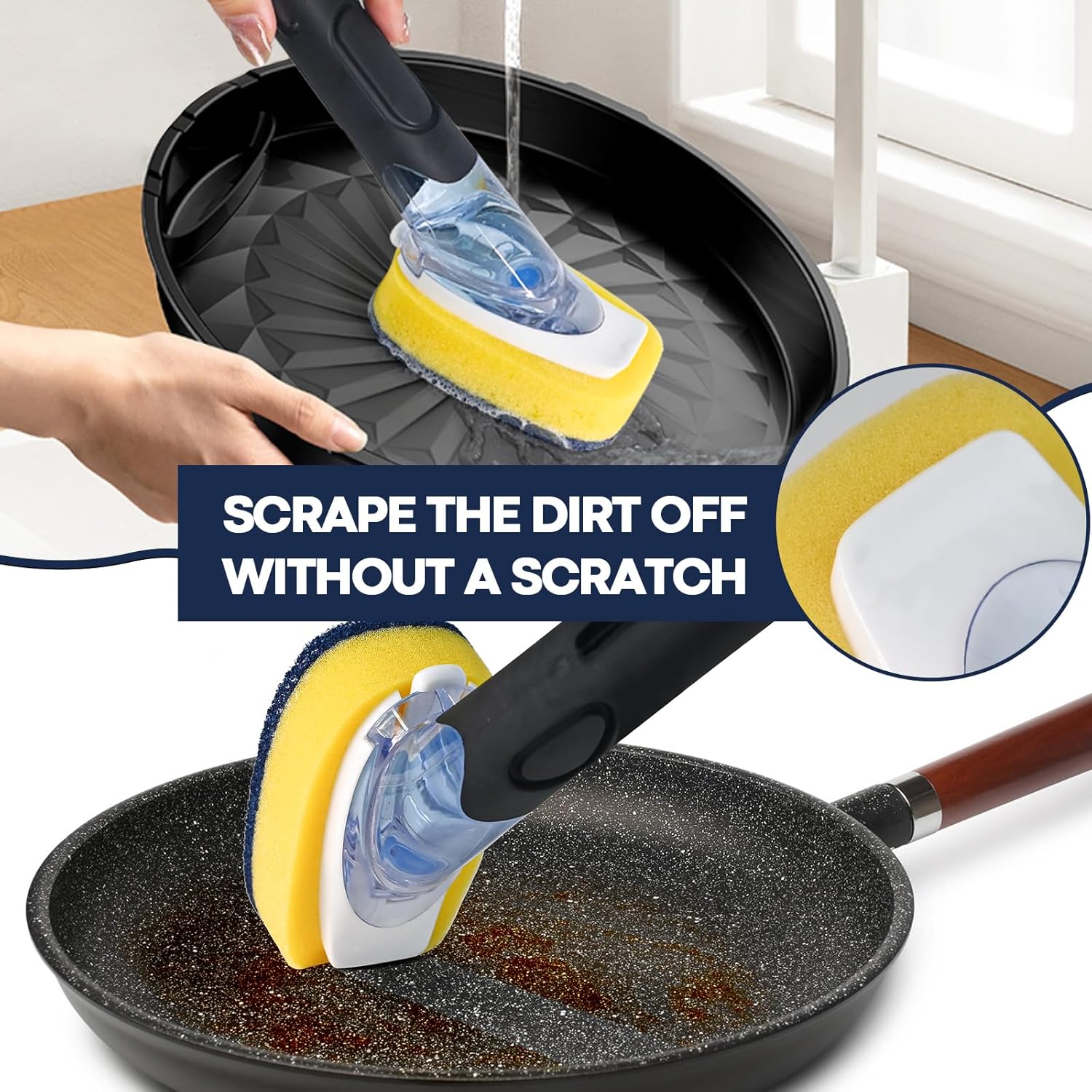 Skiennix Dish Brush Set - Soap Dispensing Brush with Holder & 2 Sponge Refills for Easy Cleaning