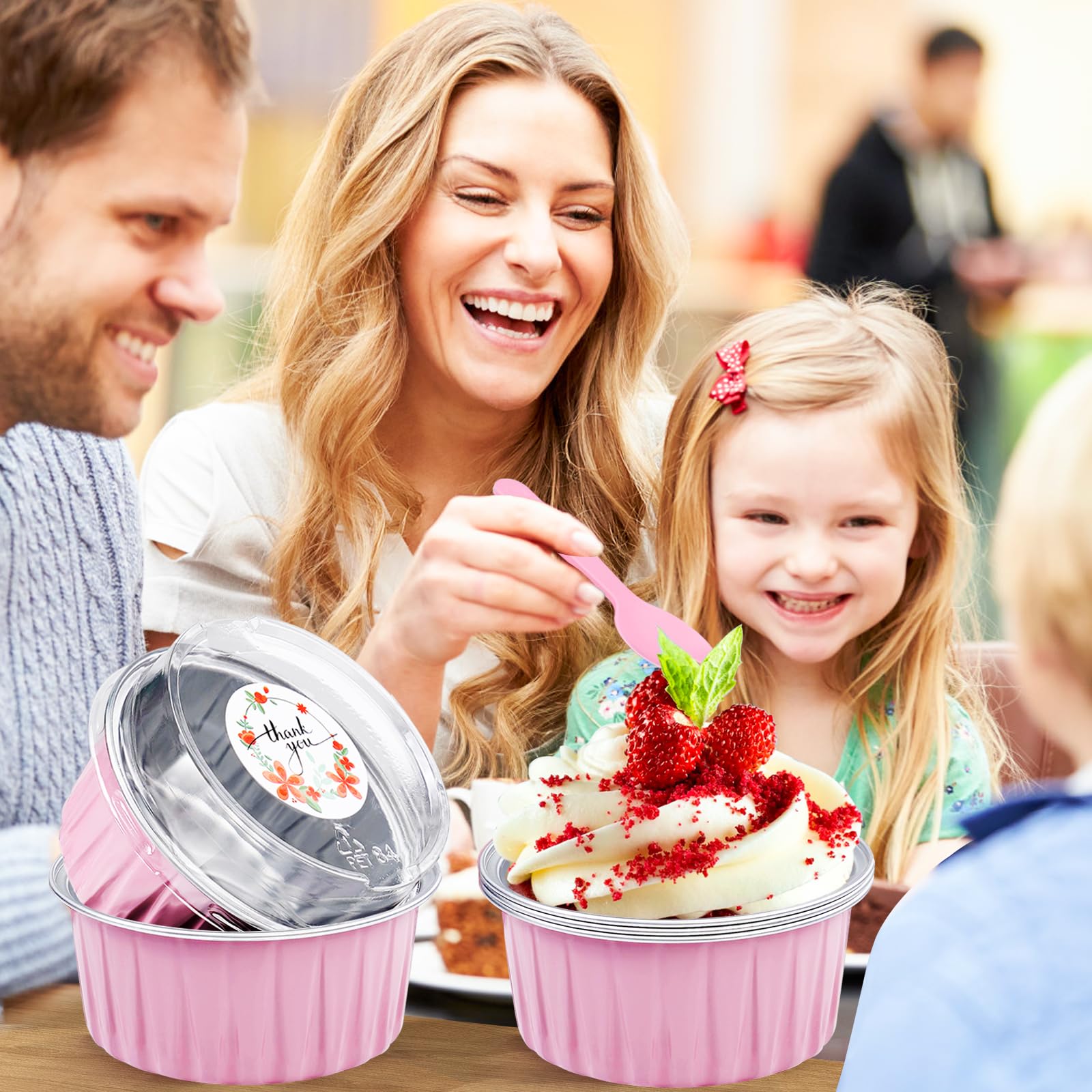 ZOXILEN 120Pcs Mini Cake Pans with Lids Aluminum Foil, 5oz Disposable Mini Loaf pans with Lids and Spoons, Small Baking Cups Pie Tins Muffin Pan Cheesecake Containers for Party Pink Round