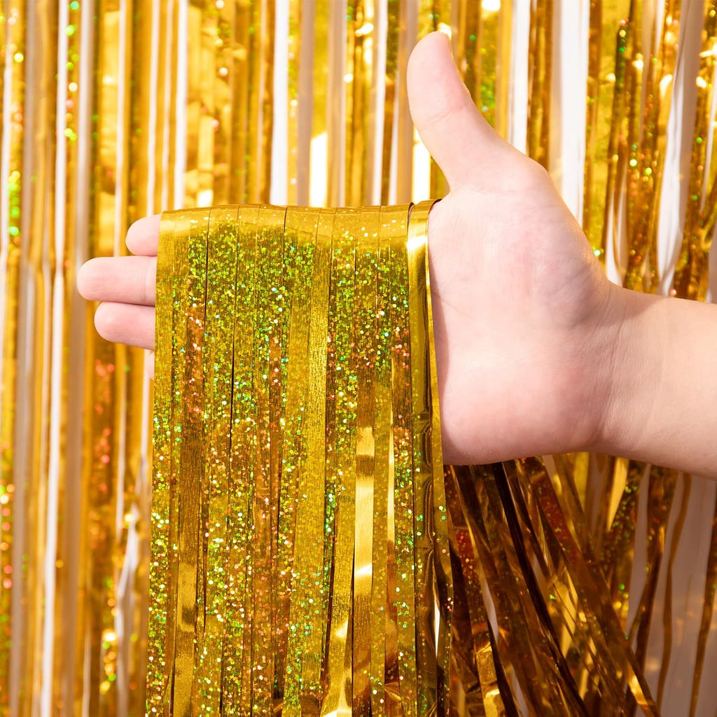 Voircoloria 3 Pack Laser Gold Foil Fringe Backdrop Curtains - 3.3 x 8.2 ft Tinsel Streamers for Parties