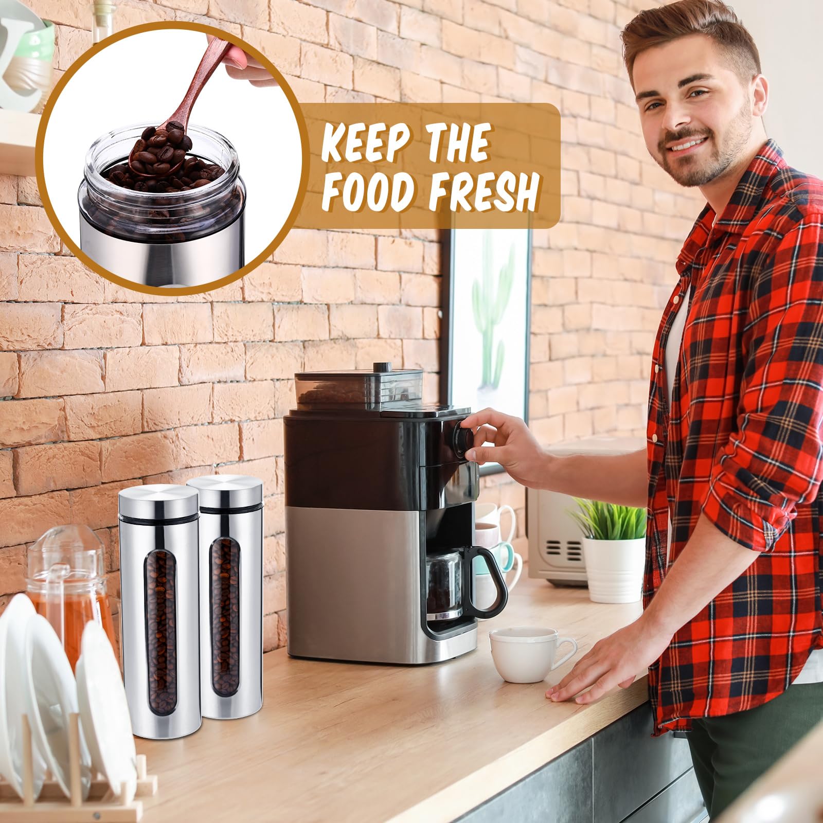 Mimorou 3 Pcs Stainless Steel Canister Set with Glass Windows Visible Storage Jars Silver Kitchen Canister Set for Pasta Flour Oat Sugar Container, Kitchen Tools, Housewarming Gifts(60 oz)