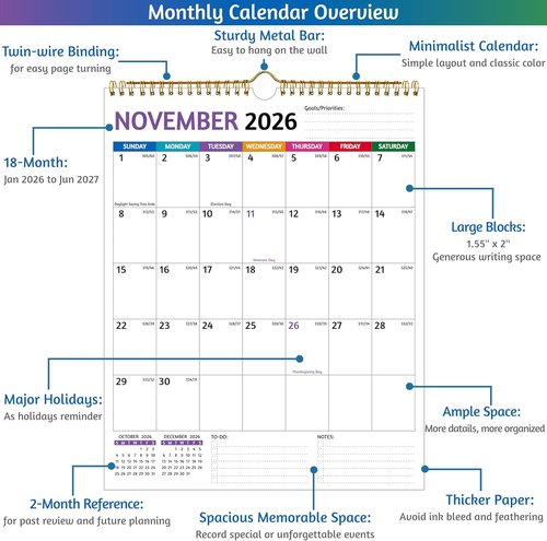2026-2027 Wall Calendar | Large Blocks & Thick Paper for Easy Organization - 11.5 x 14.5 In