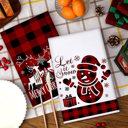 Sratte 6 Pcs Winter Kitchen Towels Snowman Gnome Truck Dish Towel Absorbent Red Black Buffalo Plaid Bathroom Hand Towels Farmhouse Winter Tea Towel for Kitchen Bathroom Decoration Housewarming Gift