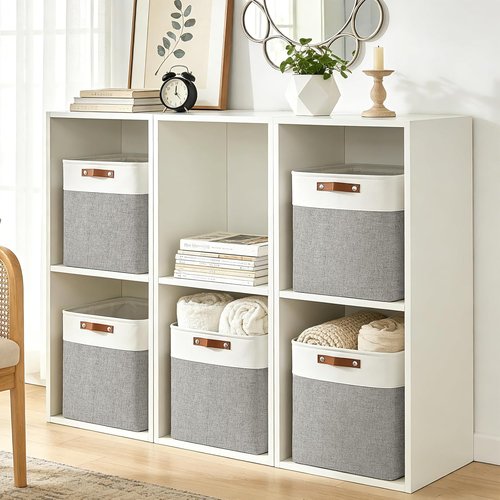 Bagnizer Large Fabric Storage Baskets - 50L Decorative Linen Bins with Handles for Organizing | 17x12x15 Inches (Grey & White)