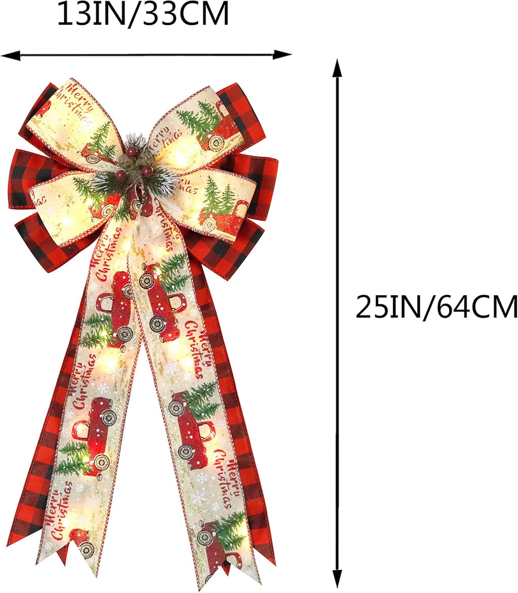 Skiennix Christmas Tree Topper Bow - 30 LED Lights, 13”x25” Large Red Black Buffalo Plaid Decor