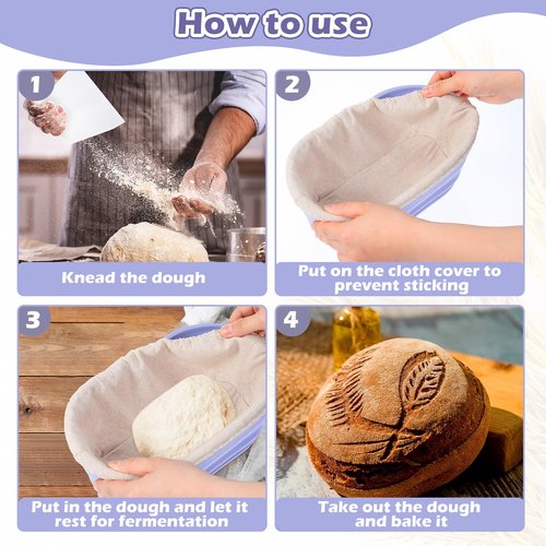 Nuogo 4 Pack Oval Bread Proofing Basket Silicone 10 Inch Collapsible Sourdough Bread Baking Supplies Dough Proofing Bowl with 4 Pcs Dough Scraper and 4 Pcs Basket Covers(Purple)