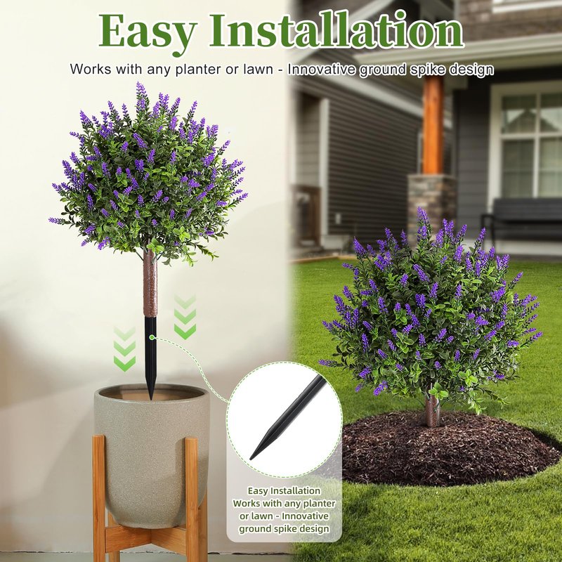 LUWENER 23.6" Artificial Lavender with Boxwood Topiary Ball, 2 Pack UV Resistant Artificial Shrubs，with Ground Spikes, Indoor and Outdoor Fake Evergreen Tree for Porch, Garden, Front Door Decoration
