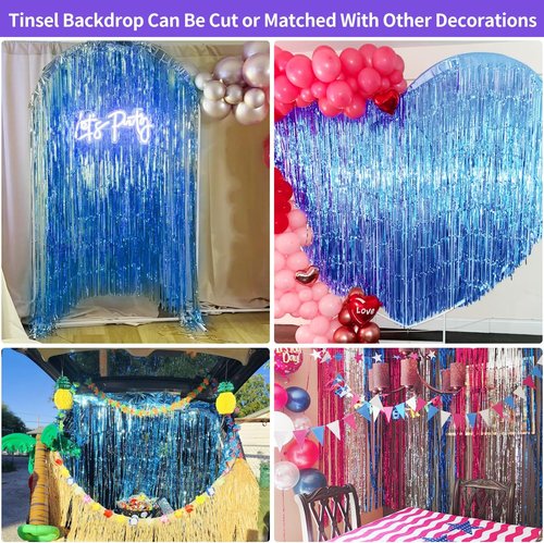 Blue Streamers | 3.3x8.2ft Dark Blue Tinsel Backdrop - Ocean Themed Party Decorations, 2 Pack