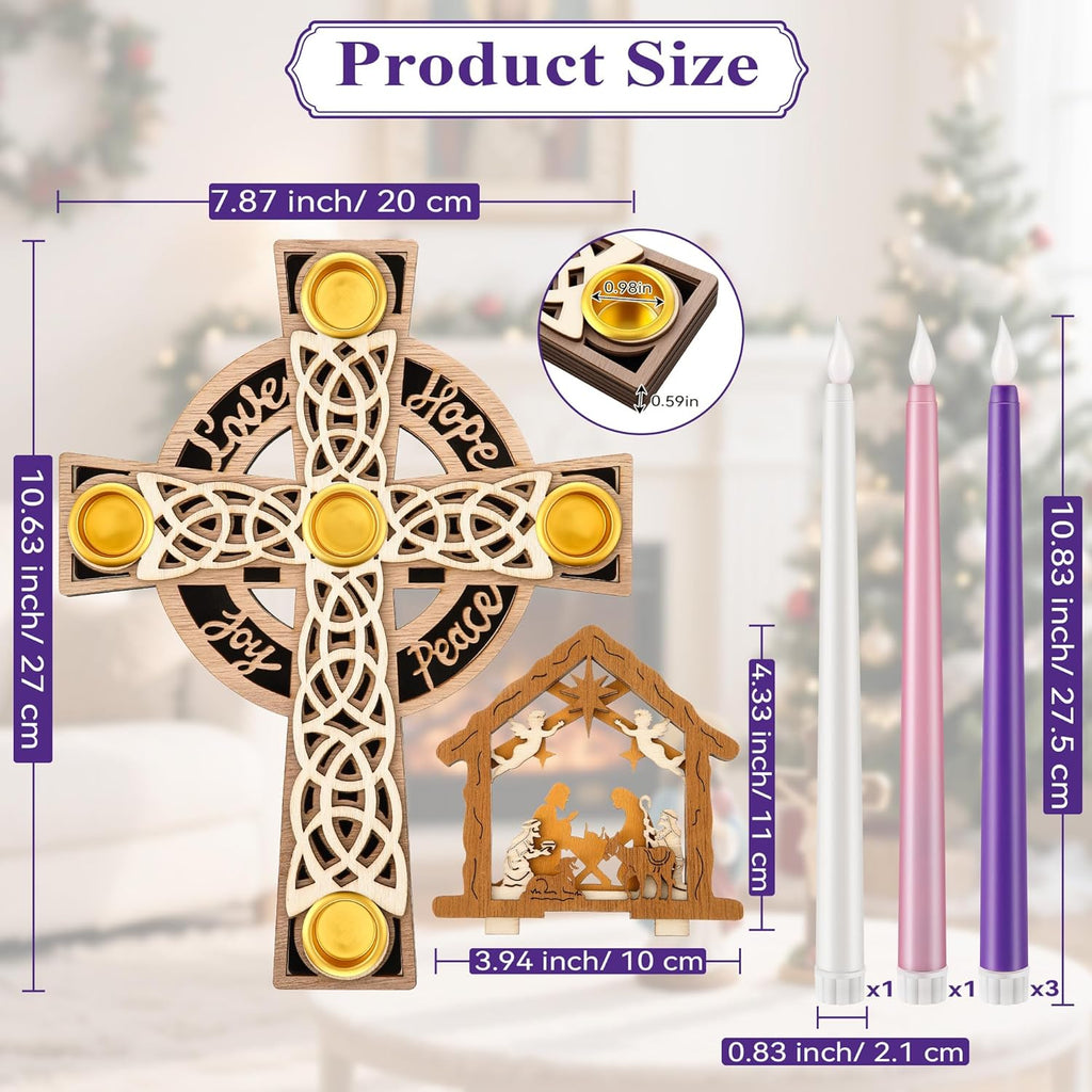 Regine Switzerland Christmas Advent Wreath Candle Holder - 5 Pcs Flameless Candles & Wood Cross Nativity Scene