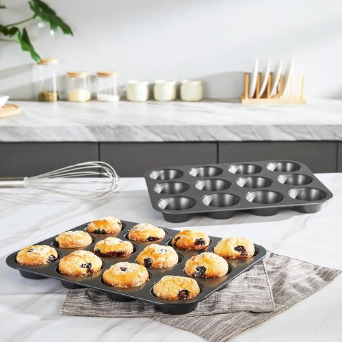 HONGBAKE Nonstick Muffin Pan - 12-Cup Baking Tray Set, Dishwasher Safe, Dark Grey Finish