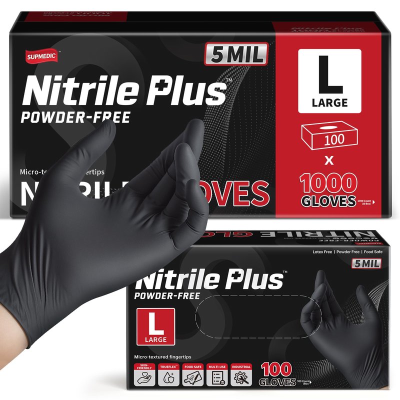Supmedic Black Nitrile Exam Glove, 5 mil Powder-Free Latex-Free Disposable Medical Gloves, Case of 1000 Pcs (Large)