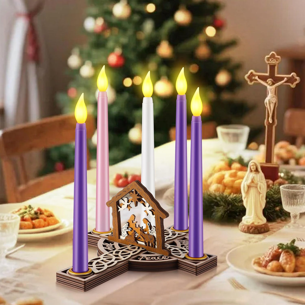 Regine Switzerland Christmas Advent Wreath Candle Holder - 5 Pcs Flameless Candles & Wood Cross Nativity Scene