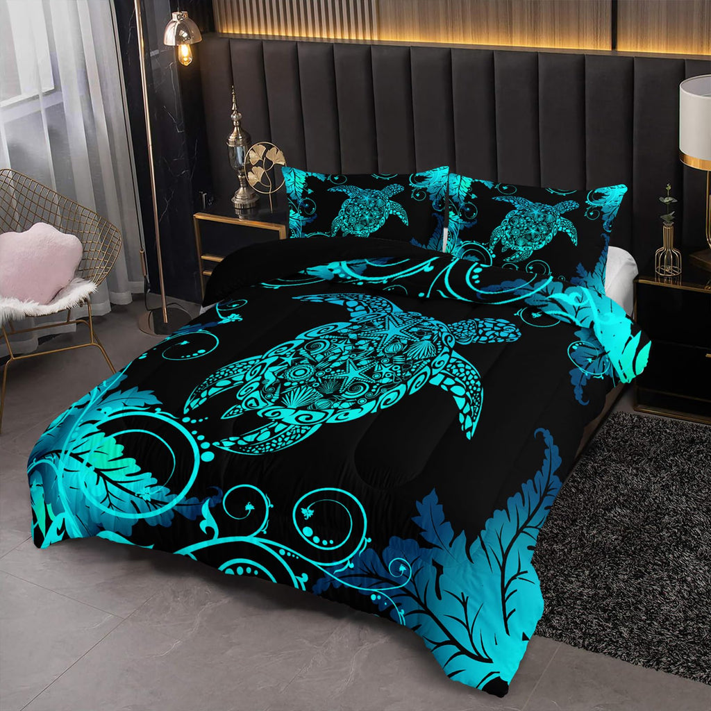 Nttopship Blue and Black Sea Turtles Comforter Sets Queen Size ， Bedding Sets for Kids,Oceans and Starfish Comforter Sets All Season 1 Comforter and 2 Pillowcases