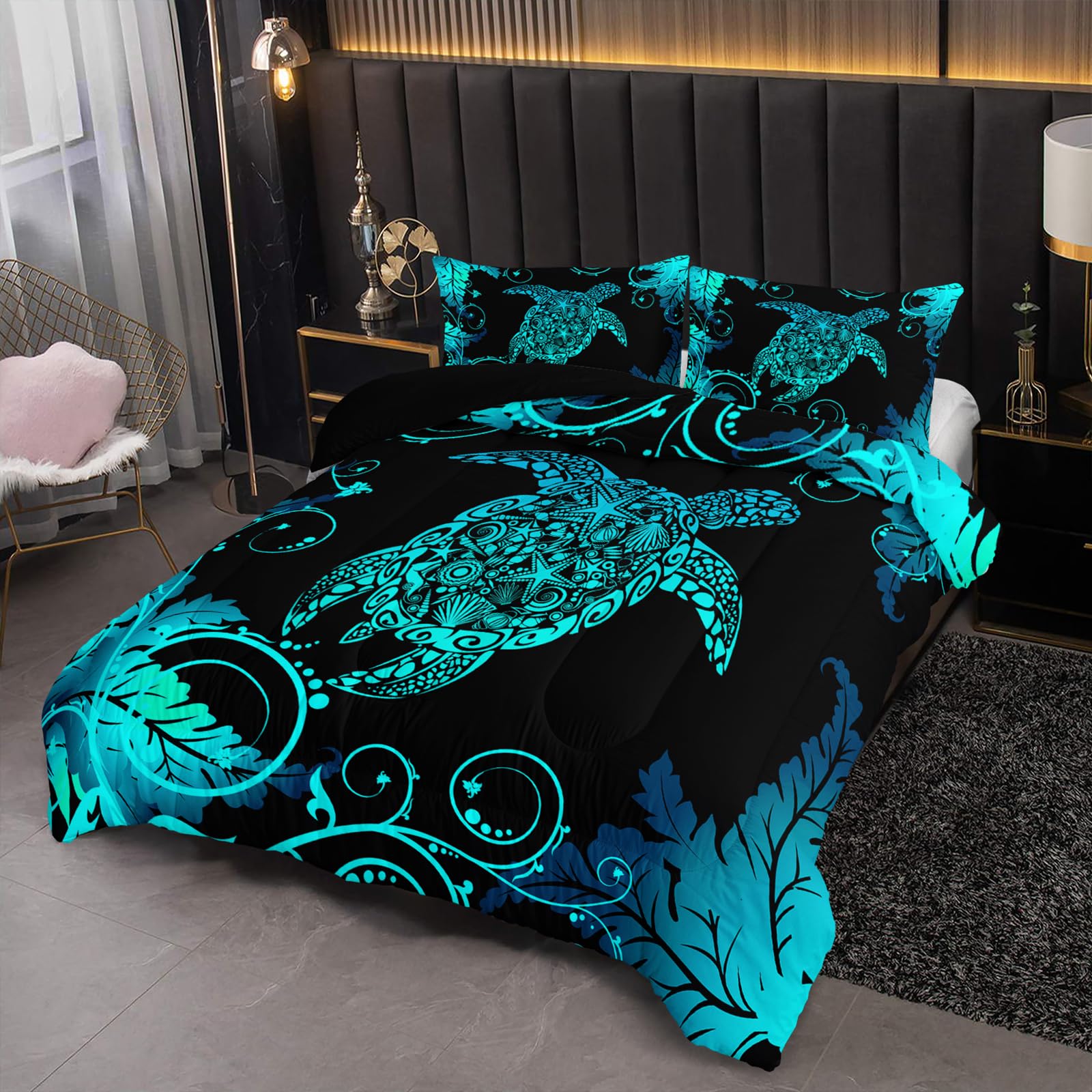 Nttopship Blue and Black Sea Turtles Comforter Sets Queen Size ， Bedding Sets for Kids,Oceans and Starfish Comforter Sets All Season 1 Comforter and 2 Pillowcases
