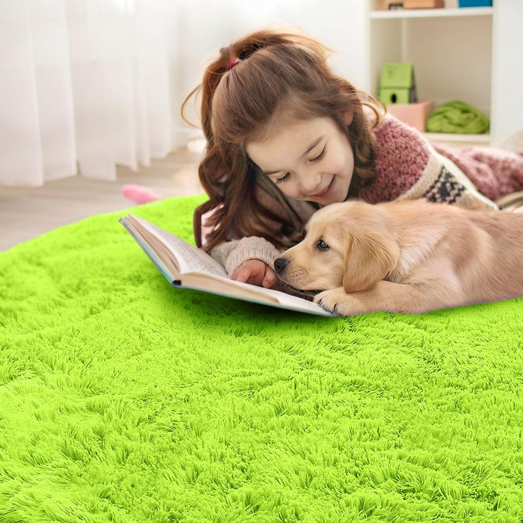 OLANLY Round Lime Green Area Rug - Soft, Fluffy, Machine Washable 9 ft Circle Carpet for Bedrooms & Nurseries
