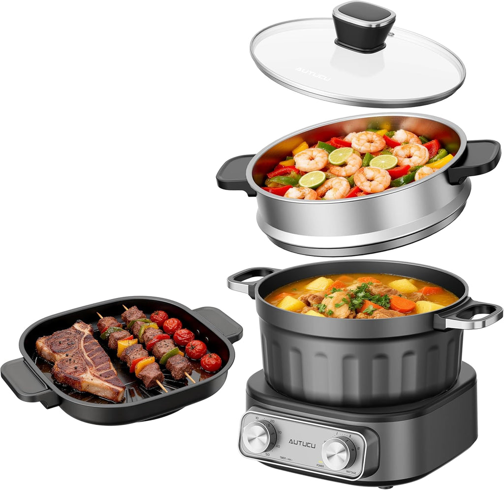 N74SNA Electric Hot Pot Multi-Cooker - 2.5 Quart Nonstick Grill & Steamer Set for Soup, Steak, Ramen