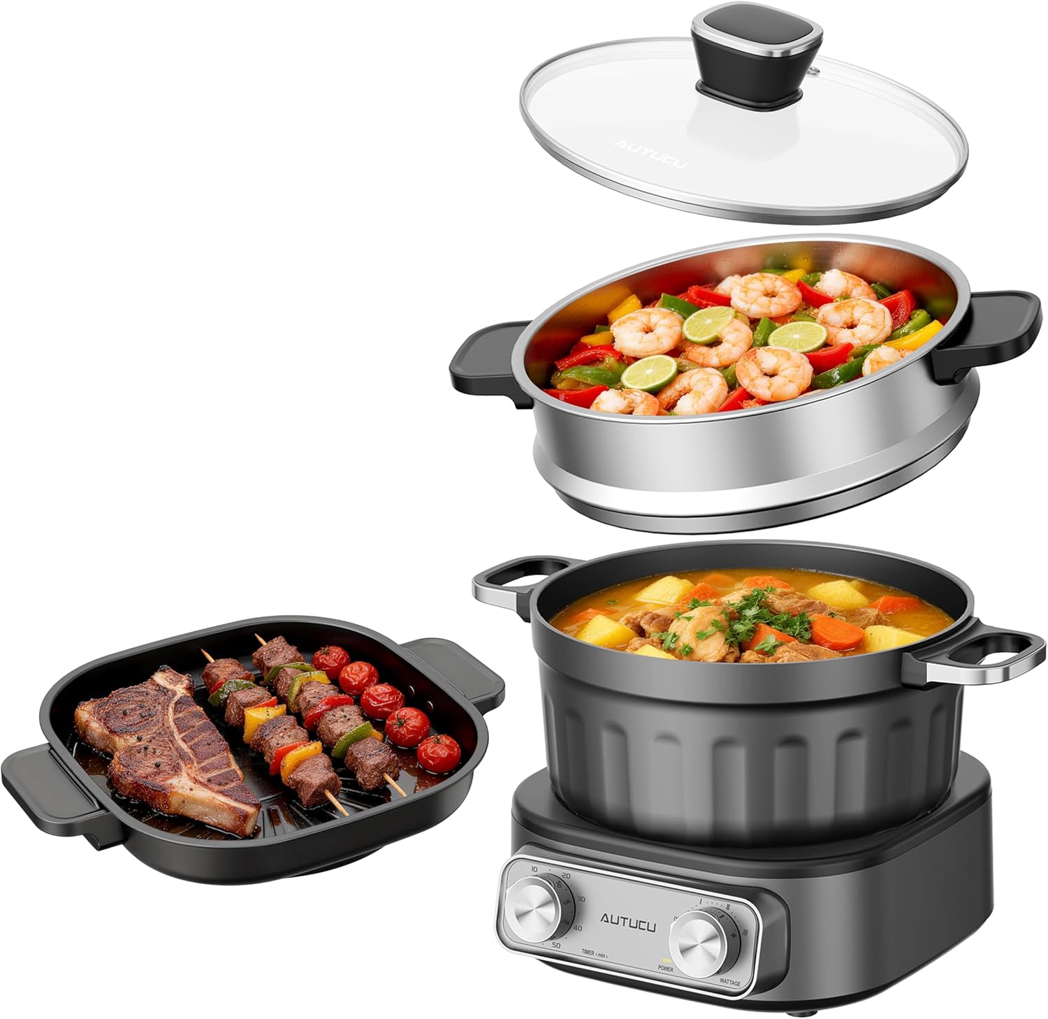 N74SNA Electric Hot Pot Multi-Cooker - 2.5 Quart Nonstick Grill & Steamer Set for Soup, Steak, Ramen