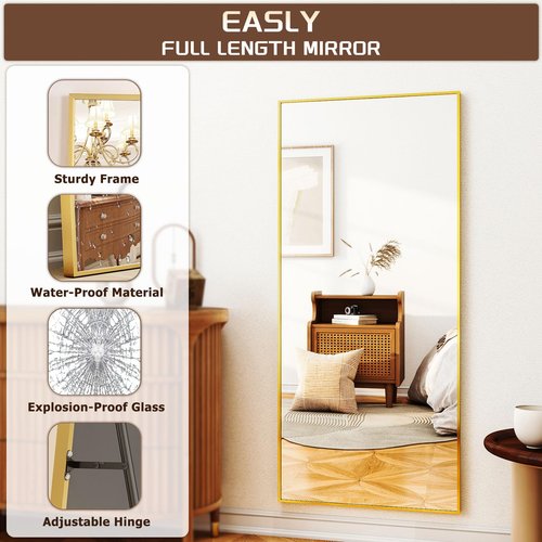 Easly Full-Length Mirror, 24"x68" Floor Mirror with Stand, Wall-Mounted Mirror for Bathroom, Dressing Room - Hanging or Leaning - Full Body Mirrors for Bedroom, Gold