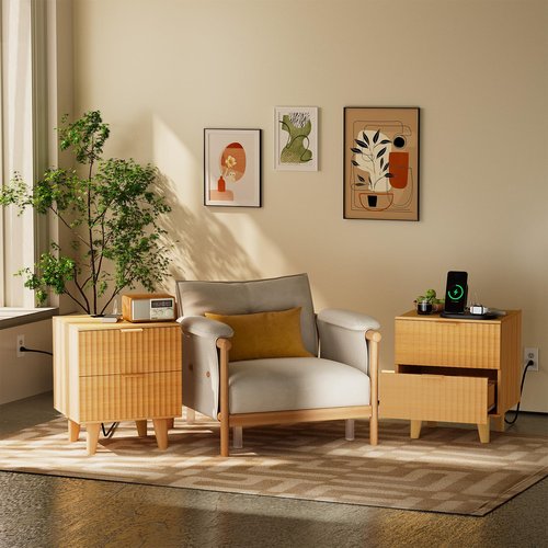 Urban Deco Fluted Nightstand with Charging Station, Mid Century Modern Nightstand, Wooden Side Table with 2 Fluted Drawers, End Table with Solid Wood Legs for Bedroom, 15.4 x 15.4 x 22.8 in (Natural)