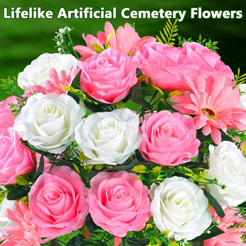 Yastouay 3 Sets Artificial Cemetery Flowers for Grave with Vase, Grave Decorations for Cemetery with Rose Carnation Flowers for Memorial Cemetery Grave Tombstone Decorations