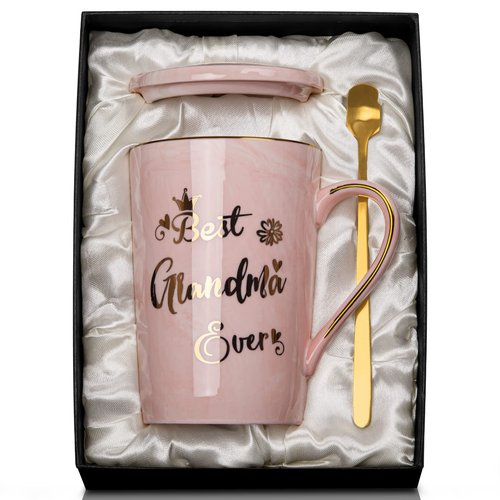 Doublewhale Grandma Gifts for Grandma, Mothers Day Birthday Gift for Grandmother from Granddaughter Grandson - 14Oz Pink Marble Ceramic Coffee Mugs Print with Real Gold - Lid Spoon Card, Box