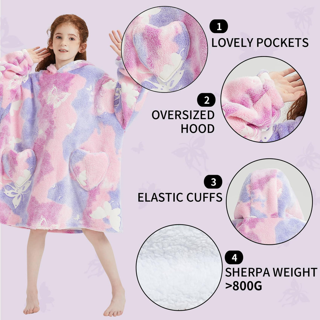 Wearable Blanket Hoodie for Kids Oversized Sherpa Blanket Hoodie for Kids Boys Girls Teens 6-13YR,Glow in The Dark Butterfly