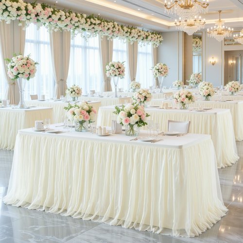 2 Pack 8ft Ivory Tulle Tablecloths for Rectangle Tables, 8 Foot Ivory Rectangular Table Cloth Wrinkle Free Tablecover with Tutu Skirt for Wedding Baby Shower Birthday Party Banquet Buffet Cake