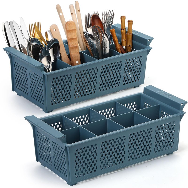 Yungyan 2 Pcs 8 Slot Plastic Cutlery Basket 16.81 x 8.07 x 5.91 Inches Dishwasher Flatware Basket with Handle Utensil Holder for Knives, Forks, Spoons, Silverware Commercial Dishwasher(Blue)