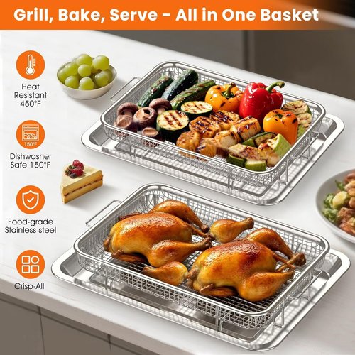 Air Fryer Basket Set by [Brand Name] - Stainless Steel Crisper Tray & Pans | Family-Size Non-Stick, 15"x11" & 12.8"x9.7" with 60 Parchment Papers
