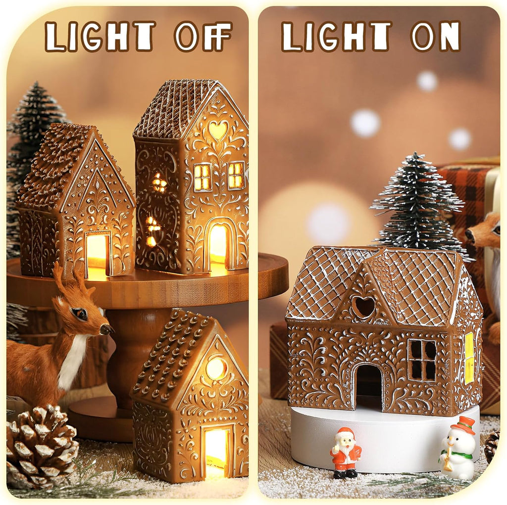 Thyle Christmas Lighted Gingerbread House Figurine - 4 Pcs Resin Village Decor with LED Lights