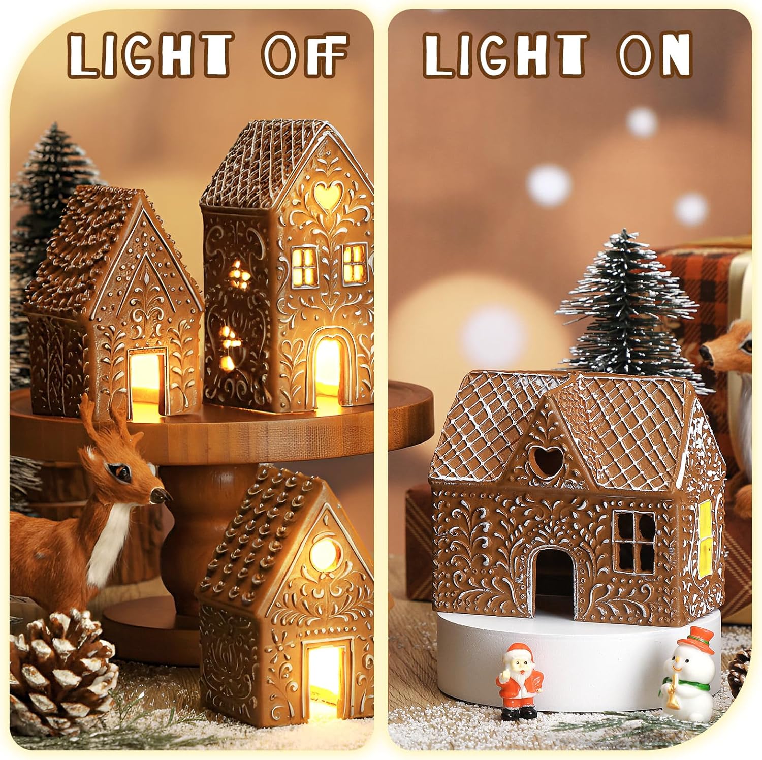 Thyle Christmas Lighted Gingerbread House Figurine - 4 Pcs Resin Village Decor with LED Lights