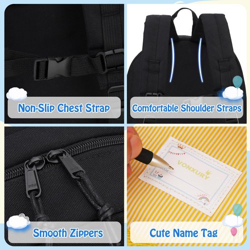 Kids Backpack, Lightweight Toddler Backpack for Age 3-7 Boys,Small Preschool Girls Kindergarten Bookbag with Front Chest Buckle,Black VONXURY