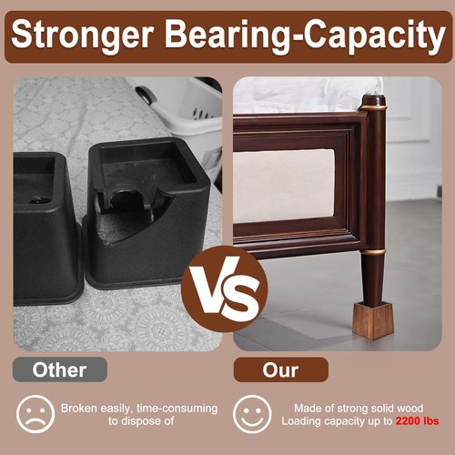 Alpeir Wood Bed Risers Heavy Duty, Support Loading 2200lbs, 4 Pack Furniture Riser Leg Height Extenders Lifts for Dorm Sofa Couch Desk Chair Table, Retro Brown, 3.5" H(Inner 3" H)