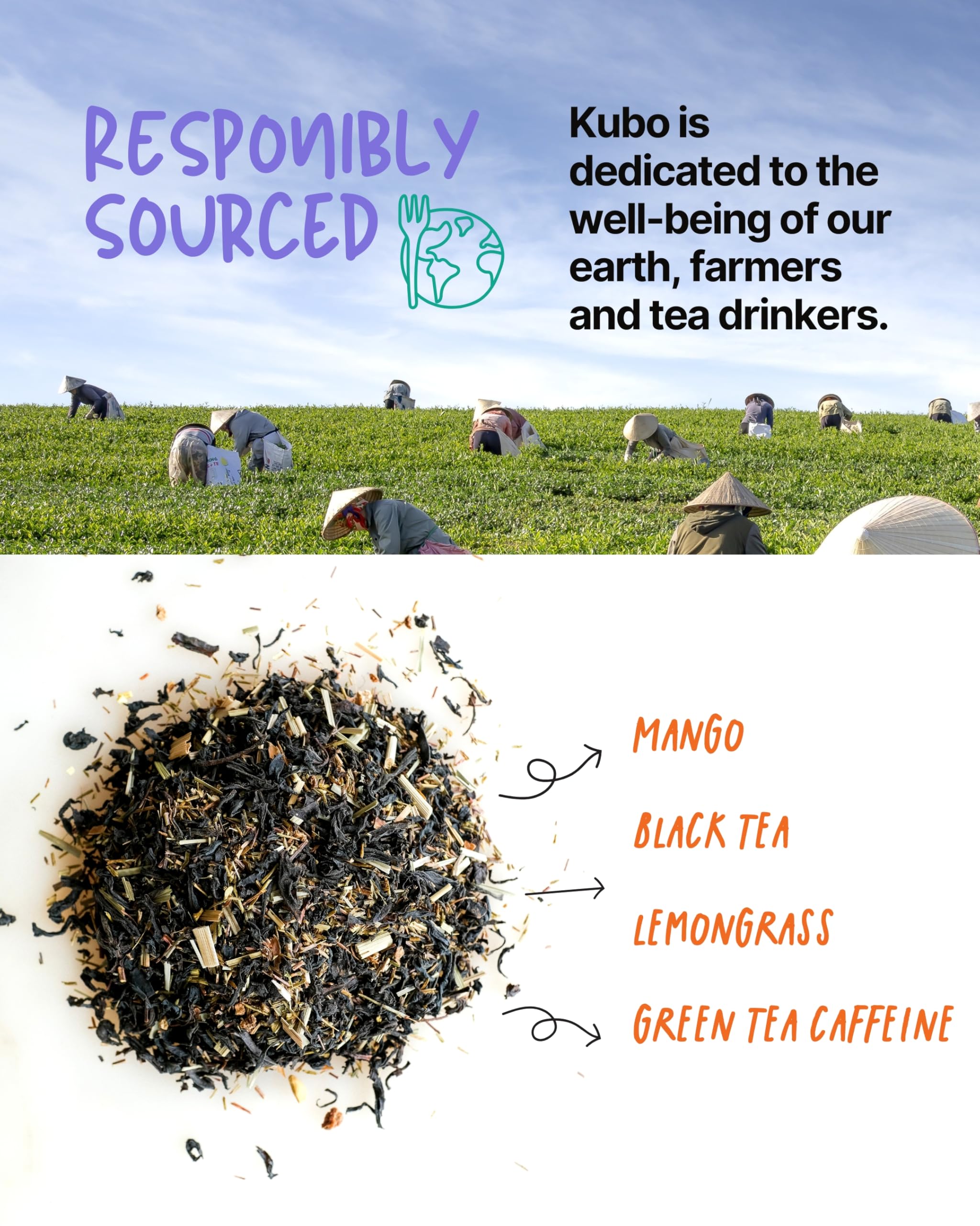 Kubo Tea High Caffeine Black Tea (155 mg) – Lemon Mango Energy Tea for Focus & Clean Energy | Smooth Coffee Alternative | Fruity Antioxidant Blend | 20 Compostable Tea Bags