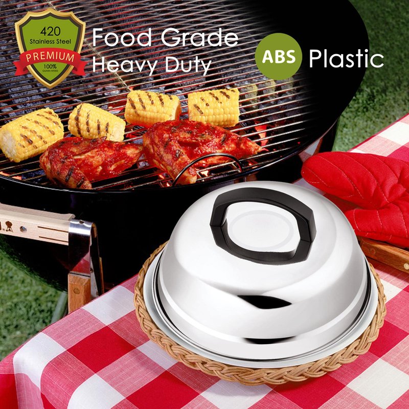 Leonyo 9 Inch Cheese Melting Dome Lid Set of 2, Stainless Steel Griddle Accessories, Durable Basting Steaming Cover for Teppanyaki Flat Top Griddle Grill, Hamburger Bacon Steak Patties, Plastic Handle