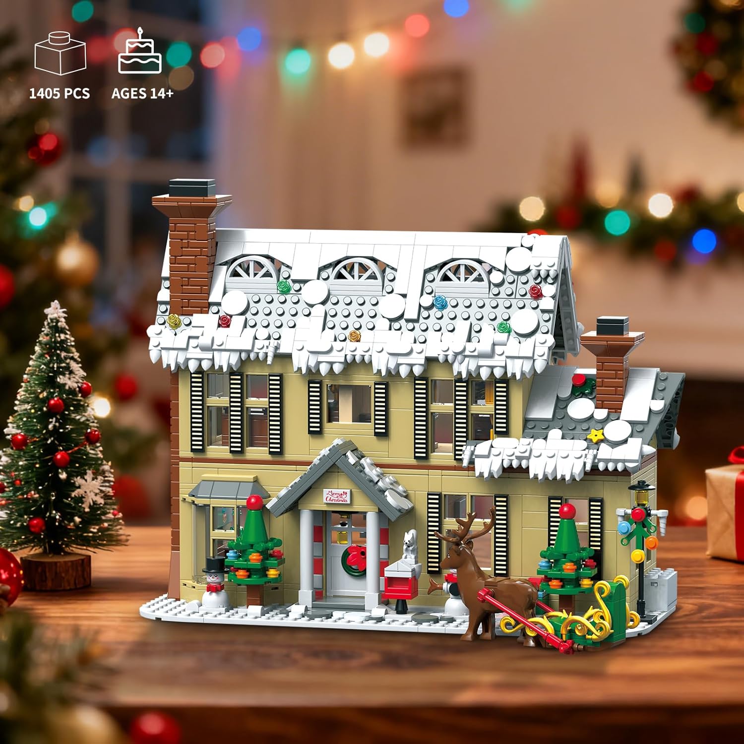 Skiennix Gingerbread House Building Block Set - 1405 PCS with Sleigh, Holiday Animals & LED Lights