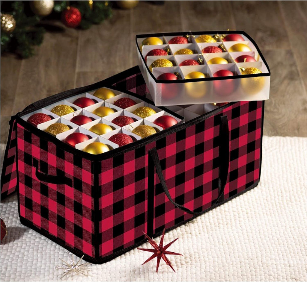 ZOBER Christmas Ornament Storage Box - Durable Plastic Organizer for 128 3" Ornaments | Plaid Design