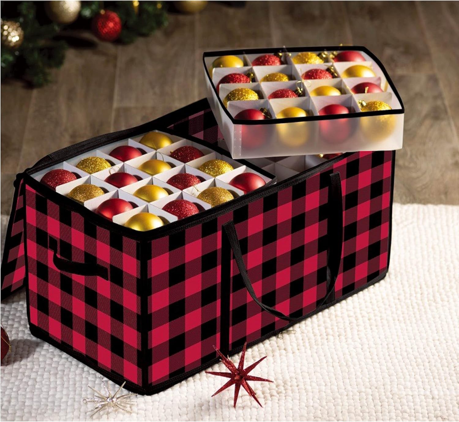 ZOBER Christmas Ornament Storage Box - Durable Plastic Organizer for 128 3" Ornaments | Plaid Design