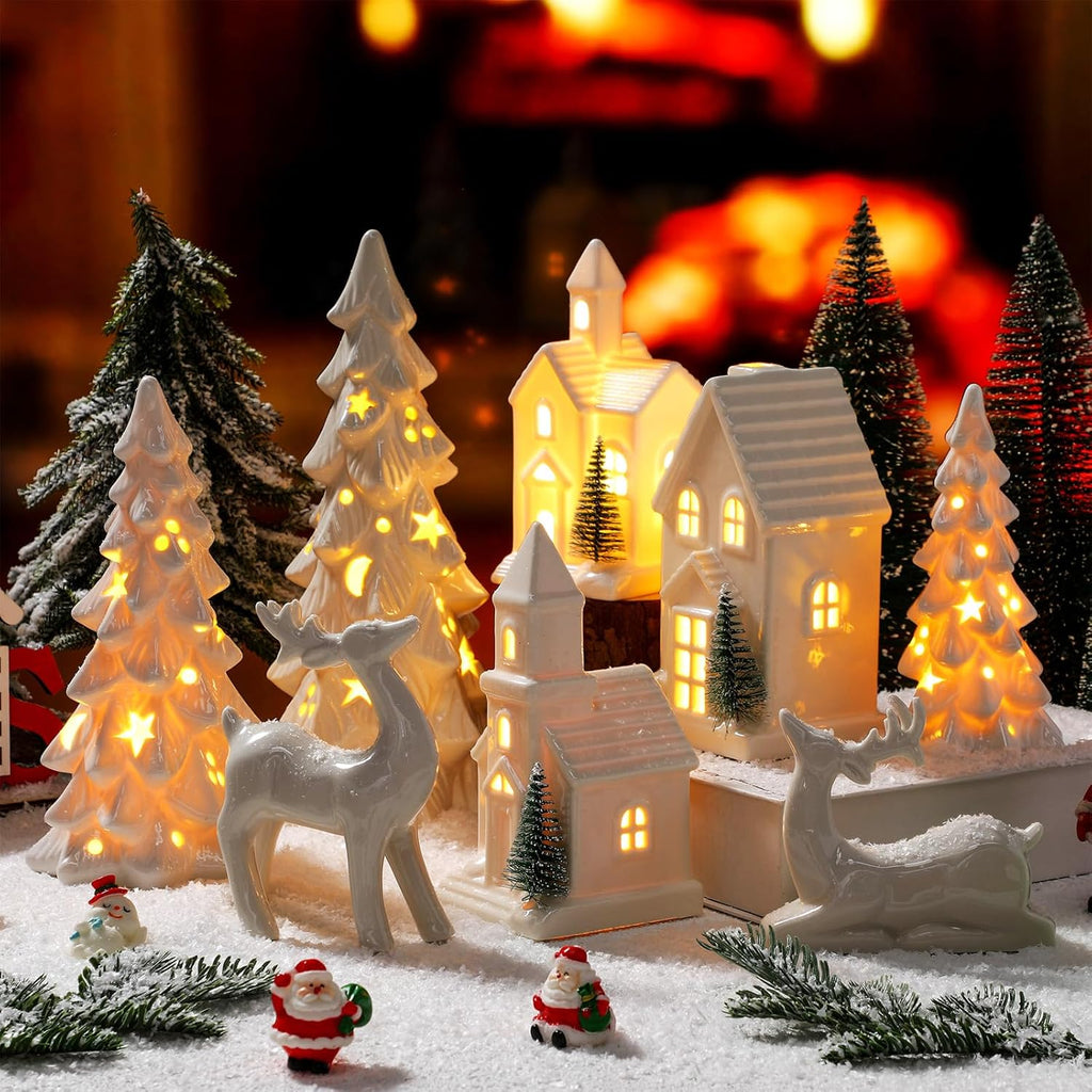 Nuogo Light Up Ceramic Christmas Trees Set - 6 Pcs White LED Trees & Glitter Snow Village Houses for Holiday Decor