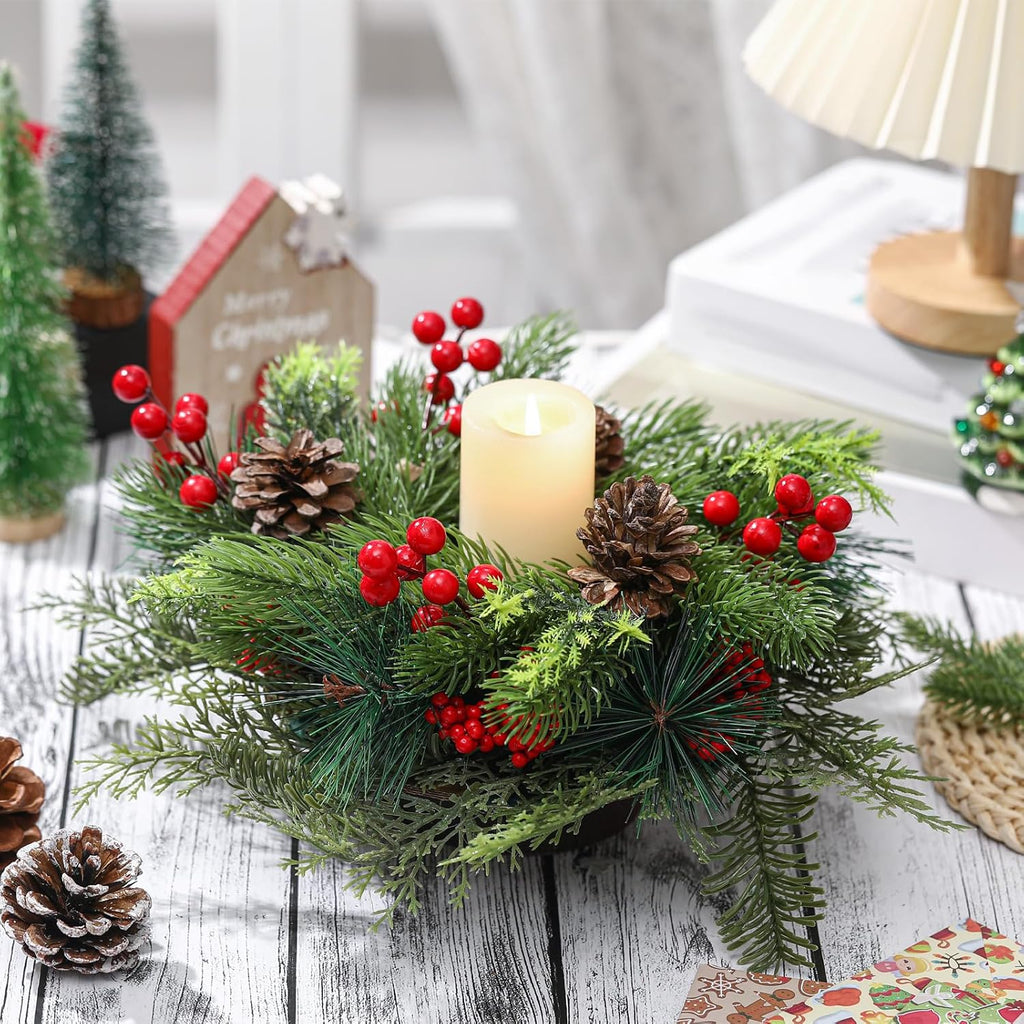 Mumufy Christmas Centerpiece Candle Holder - 12 Inch Mini Tabletop Decoration with Pine Cones & Red Berries