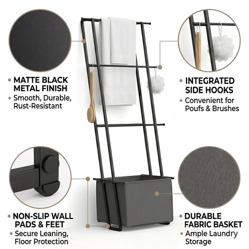 2-in-1 Leaning Blanket Ladder with Storage Basket, Matte Black Metal Towel Rack Stand, Drill-Free Space Saving Organizer for Bathroom & Bedroom Throws, 63"